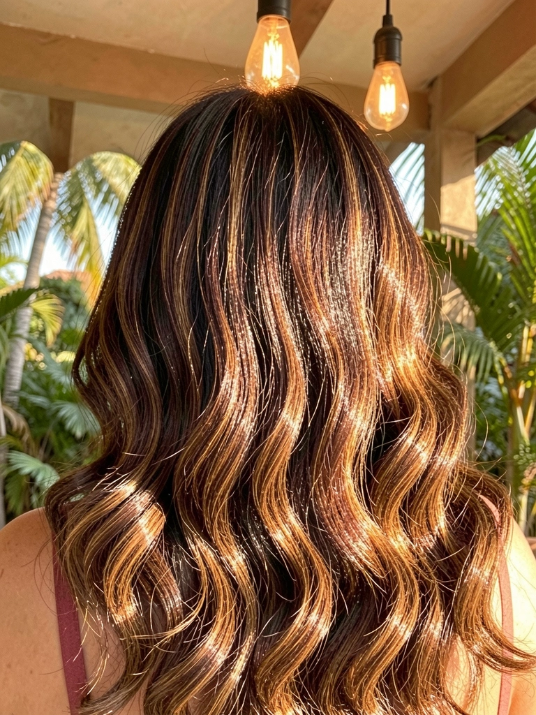 Cabelo castanho escuro com mechas caramelo, ondas volumosas e textura brilhante sob luz difusa e lâmpada vintage.