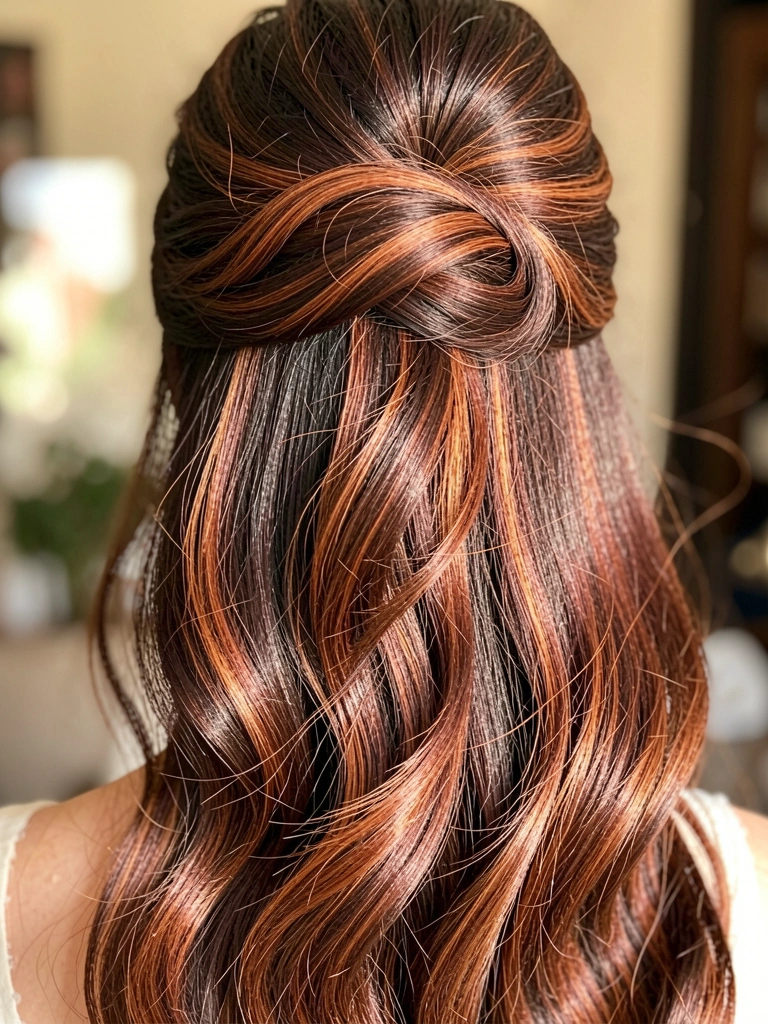 Cabelo castanho escuro com mechas balayage em cobre e acaju, preso em coque sofisticado com ondas soltas, luz natural realçando os fios.