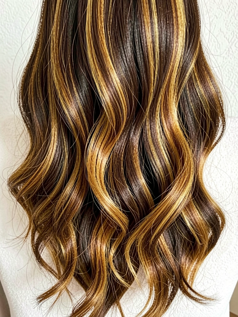 Fios de cabelo castanho escuro com mechas douradas e caramelo, brilho acetinado sob luz difusa, fundo branco texturizado.