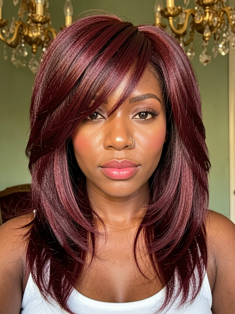 Cabelo cacheado auburn com franja lateral, brinco de argola e pele iluminada por luz suave, fundo com lustre dourado desfocado.