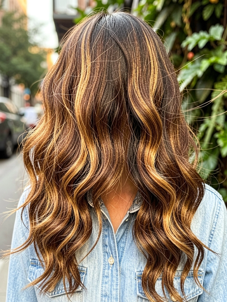 Cabelo ondulado castanho com reflexos dourados, mulher de camisa jeans azul claro, luz natural e fundo verde desfocado.