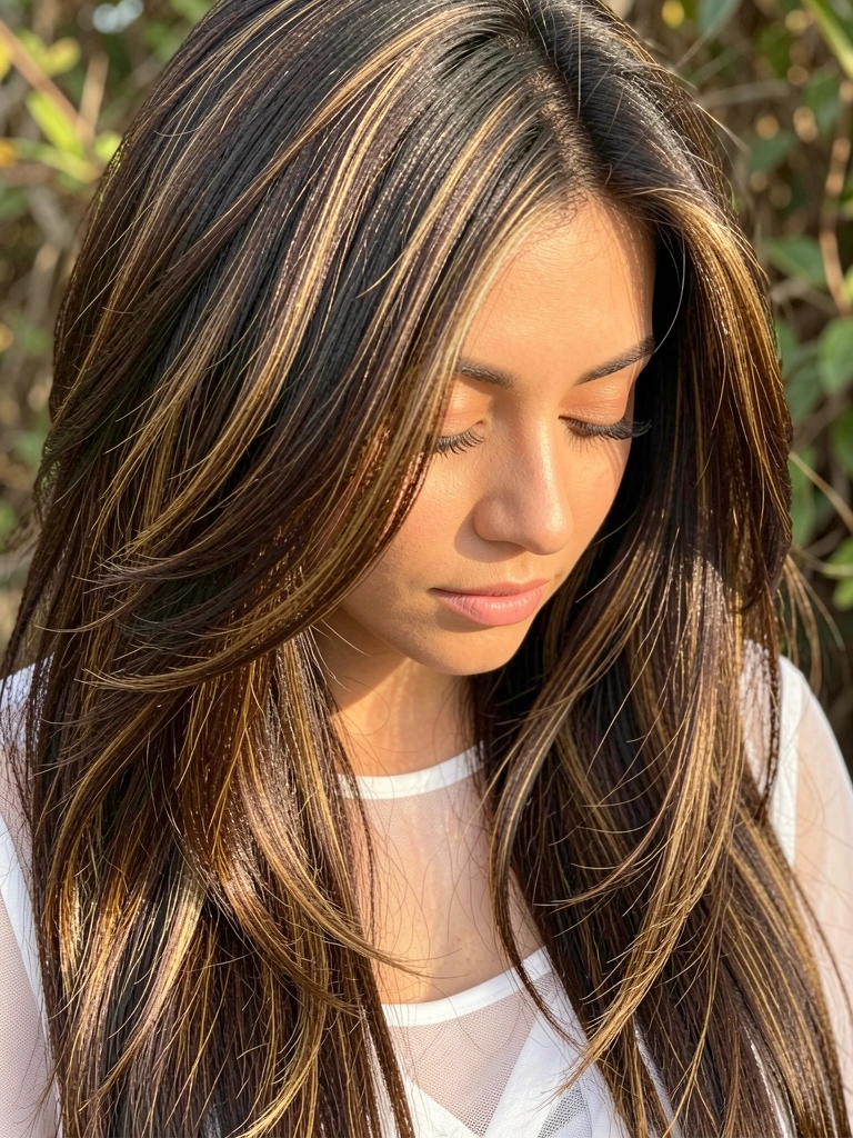 Close-up de mulher com cabelo castanho escuro volumoso em camadas, olhos fechados, blusa branca transparente, luz natural e fundo com folhagem.