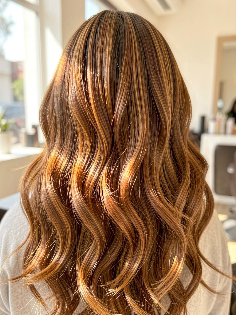 Cabelos castanhos com mechas caramelizadas em ondas volumosas, luz refletindo nos fios e fundo desfocado de salão iluminado.