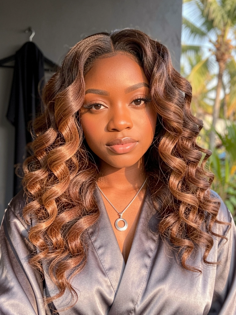Mulher negra de cabelos cacheados volumosos e roupão cinza, colar de prata, luz suave aquecendo o rosto, fundo desfocado com parede escura e roupa pendurada.