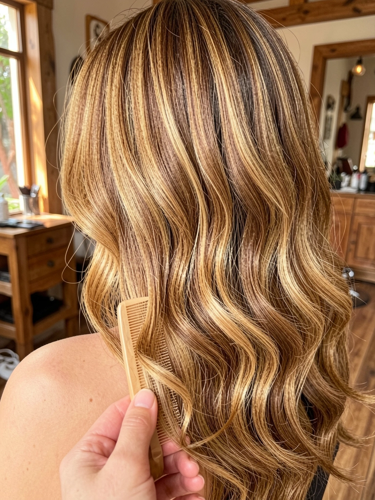 Ombro e costas de mulher com cabelo balayagem em tons caramelos e loiros, mão segurando pente perto dos fios, luz natural difusa e fundo de salão rústico desfocado.