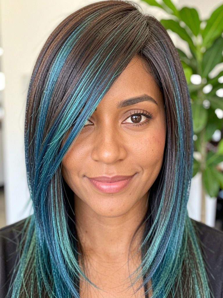 Retrato feminino com cabelo castanho escuro e mechas azuis e verde-água, franja lateral alongada, sorriso sutil e planta verde desfocada ao fundo.