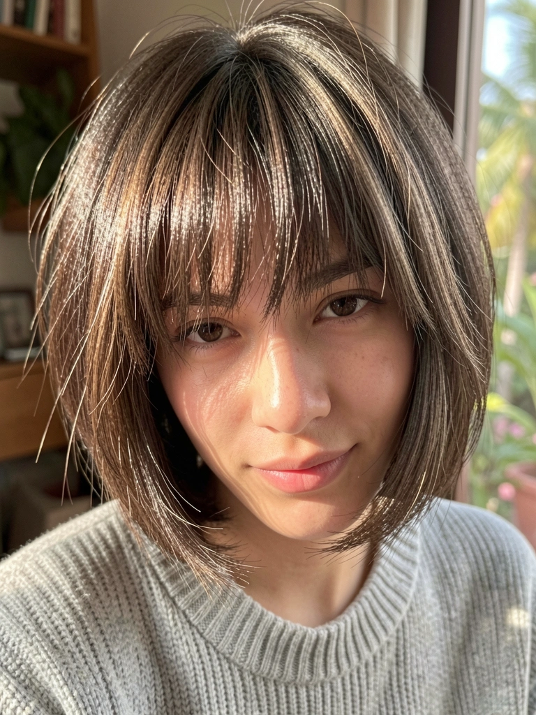 Close-up de jovem com cabelo curto e franja, blusa de tricô cinza claro, fundo desfocado com luz natural suave.