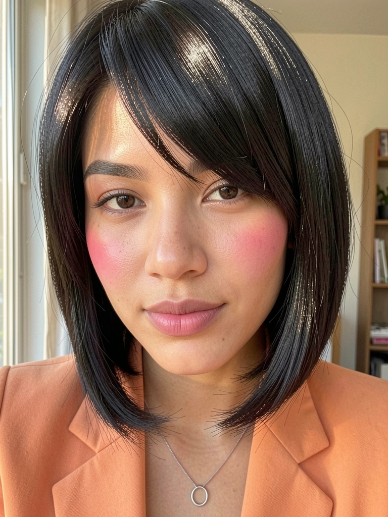 Jovem de cabelo preto com franja lateral, blazer laranja claro e colar de prata, luz natural difusa destacando a textura da pele e o brilho dos fios.