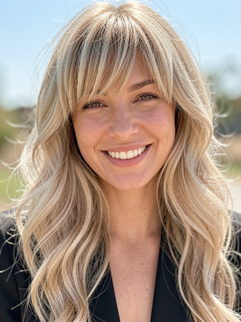 Mulher de cabelo loiro ondulado com franja em camadas, sorriso genuíno, blazer preto, luz natural suave e fundo ensolarado desfocado.