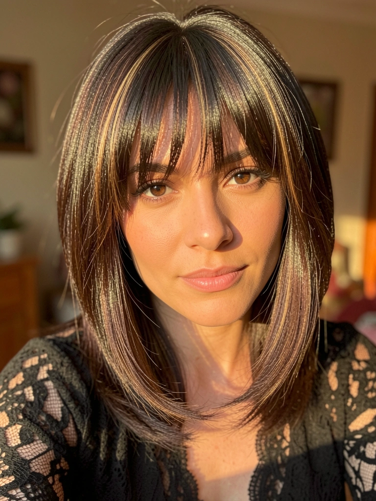 Mulher de cabelo castanho escuro em bob repicado com luz dourada refletindo nos olhos, fundo desfocado quente.