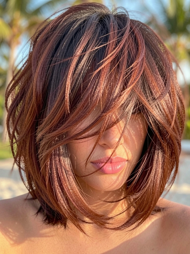 Mulher com cabelo castanho e avermelhado em corte bob bagunçado, lábios rosados, luz natural suave e fundo desfocado.