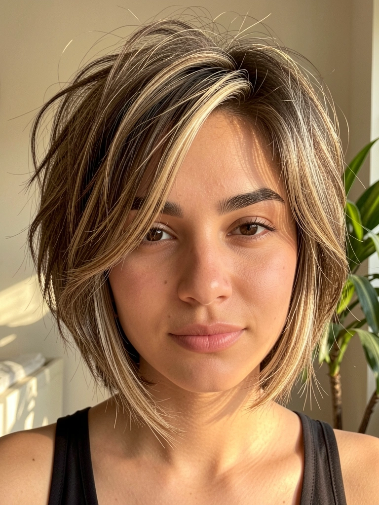 Jovem com cabelo curto texturizado em camadas loiro e castanho, franja volumosa, luz natural incide sobre os fios, fundo neutro com planta verde.
