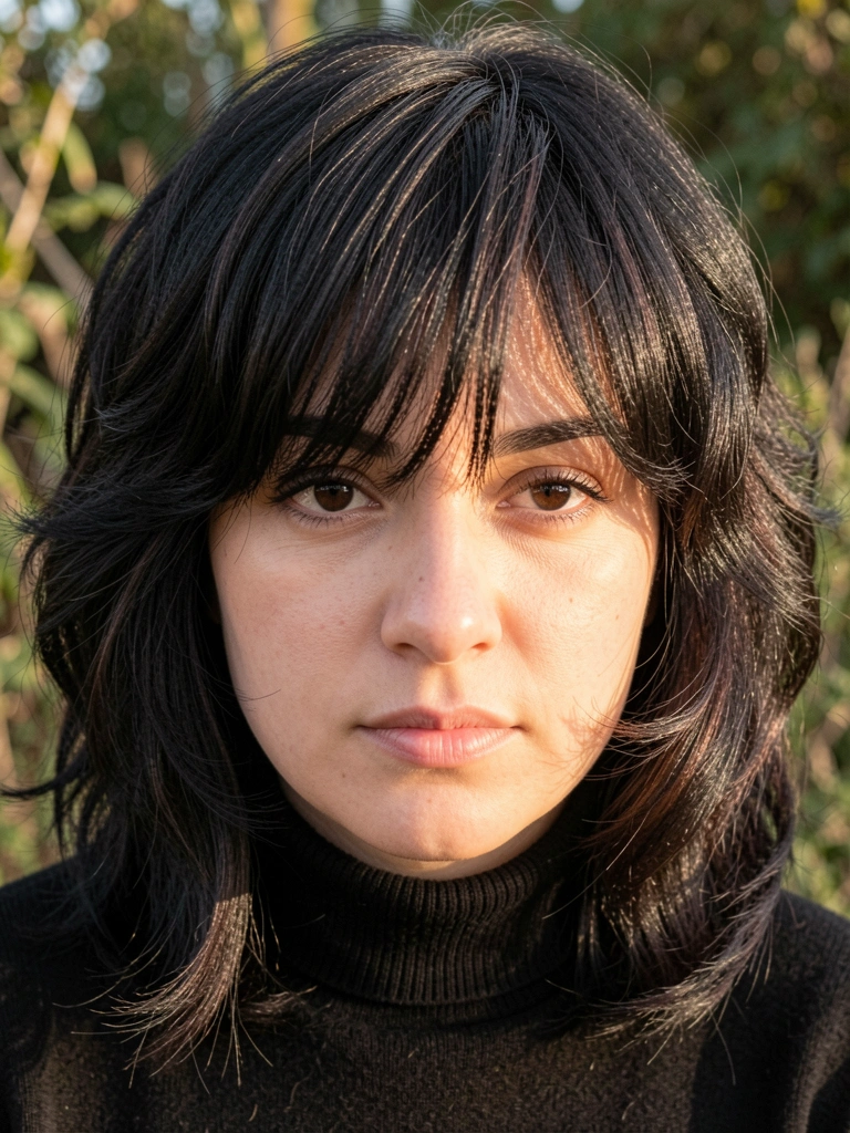 Mulher de cabelo preto com franja volumosa e ondas suaves, usando gola alta preta, luz natural suave e fundo com folhagem desfocada.