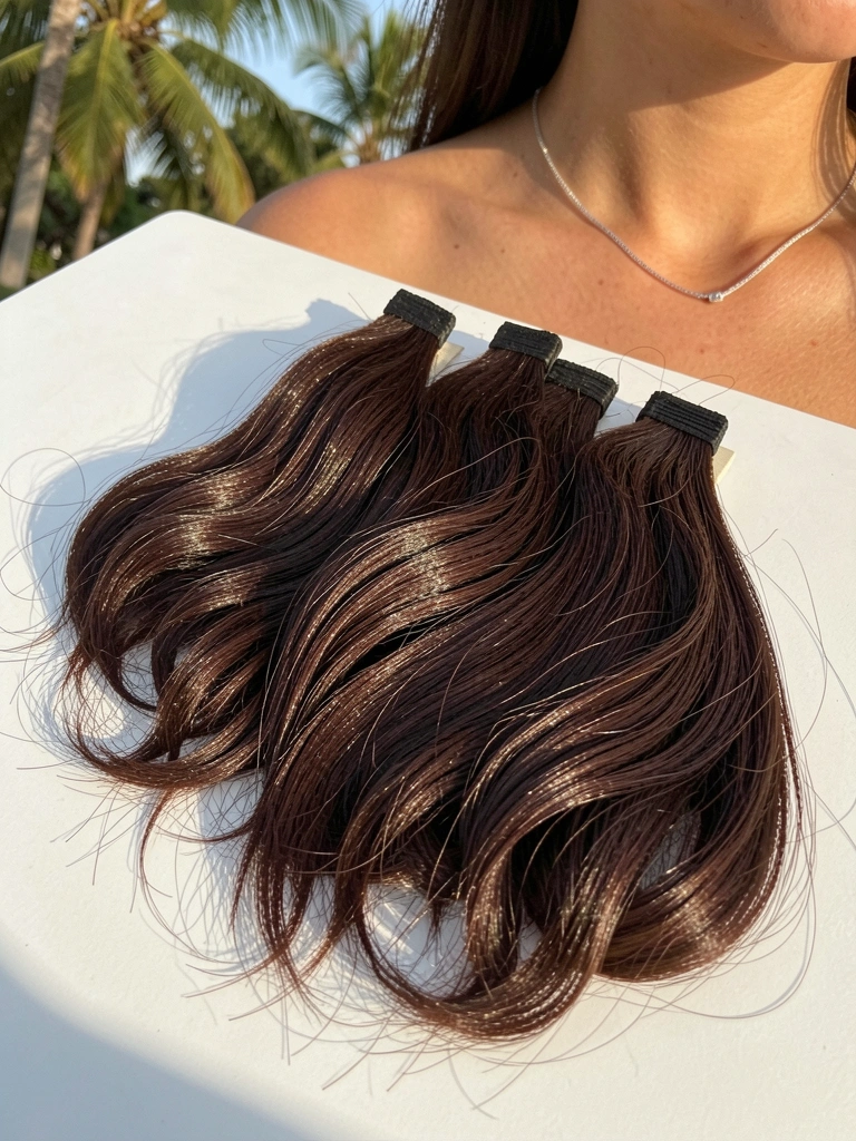 Duas mechas de extensão capilar castanho-escuro sobre superfície branca, com textura realista e brilho, pescoço e ombro femininos ao fundo com colar de prata.