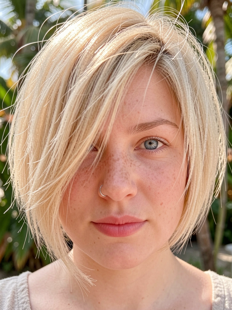 Mulher de cabelo loiro texturizado com franja lateral, olhos azuis e sardinhas, brinco de argola, luz natural difusa e fundo verde desfocado.