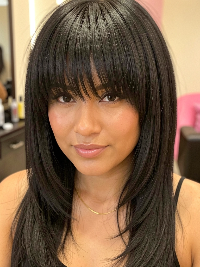 Mulher com cabelo longo escuro e franja em camadas, pele com brilho natural, luz difusa e fundo neutro desfocado.