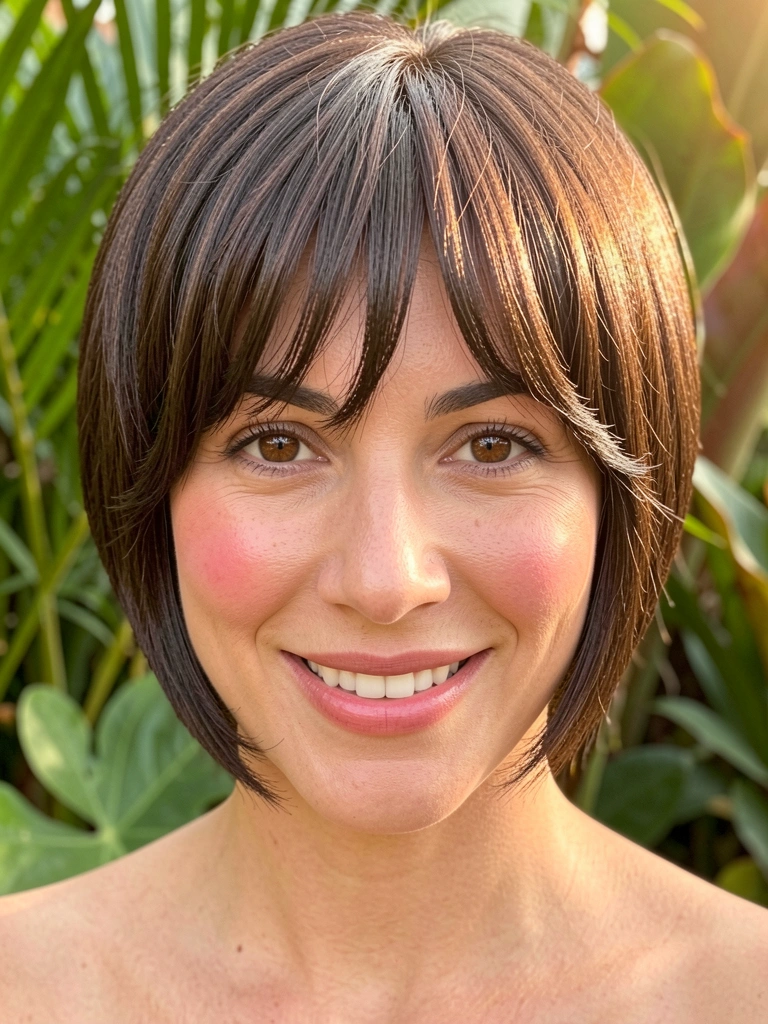 Retrato de mulher com franja em U, cabelo castanho escuro em camadas, sorriso radiante, fundo desfocado com plantas tropicais e luz solar difusa.