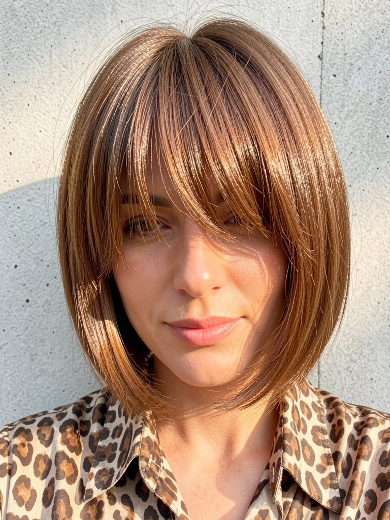 Close-up de mulher com cabelo castanho quente em corte blunt, franja arredondada, blusa de estampa de leopardo e parede de concreto cinza claro com luz difusa.
