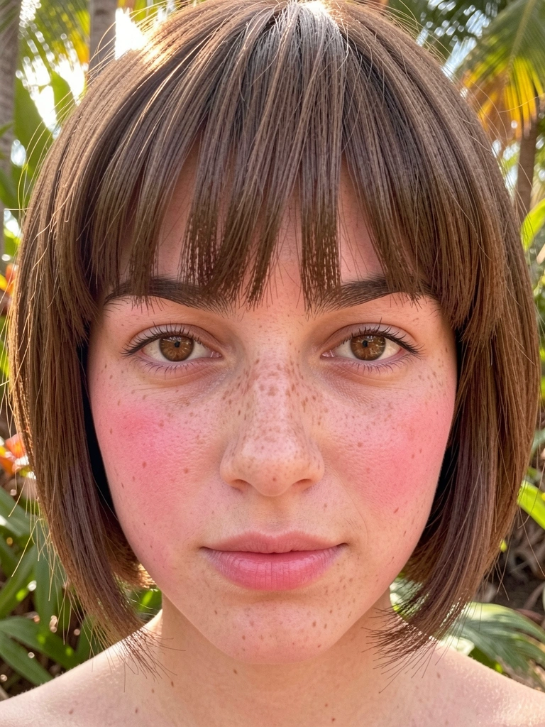 Jovem de cabelo castanho curto e franja reta, pele com sardas e blush rosado, luz difusa destacando a testa larga, fundo com folhagem tropical.