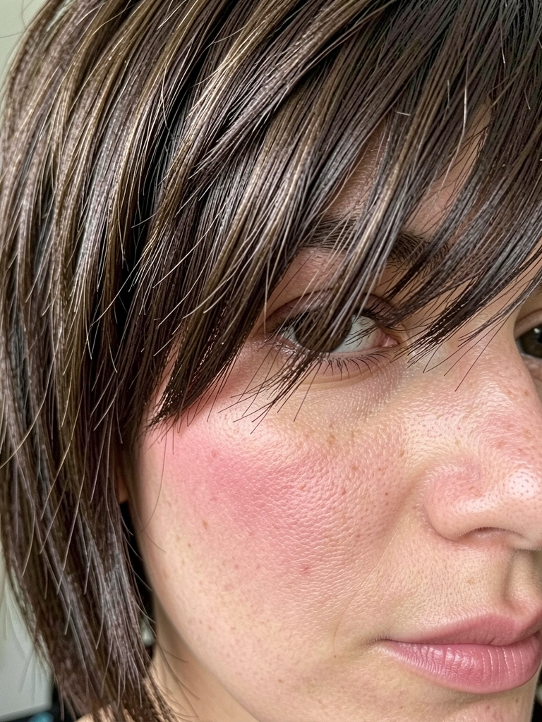 Close-up de rosto feminino com cabelo castanho escuro em camadas e franja irregular sobre as sobrancelhas, pele com poros visíveis, luz difusa suave e fundo desfocado.