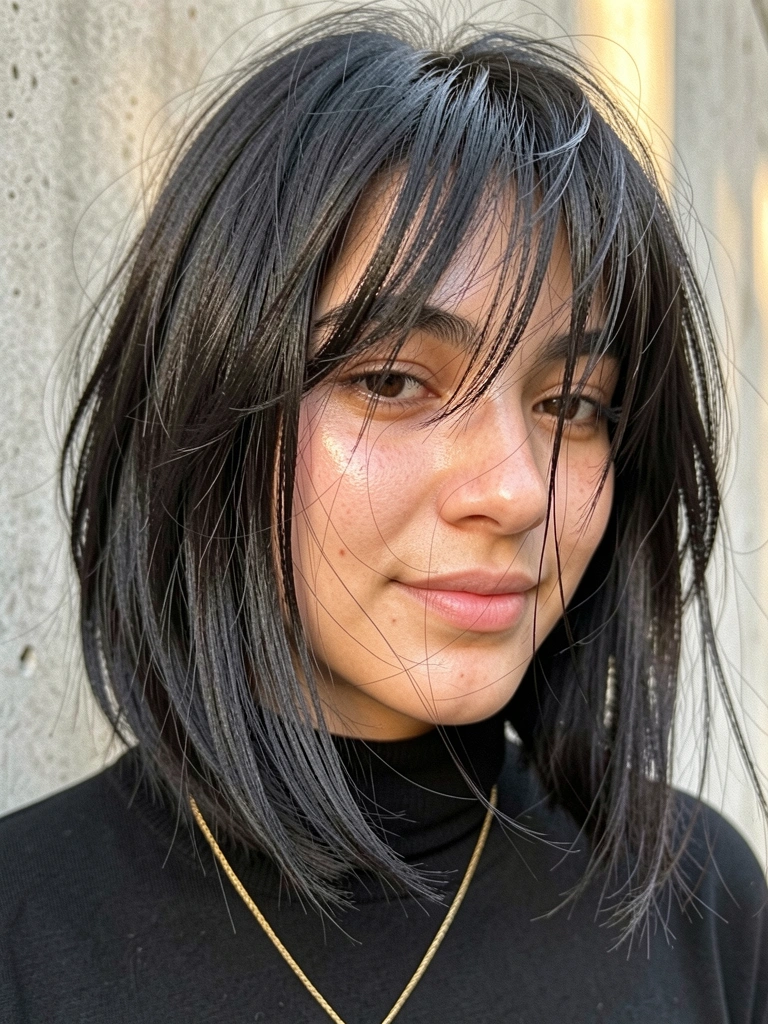 Jovem com cabelo escuro em camadas, franja longa, suéter preto de gola alta e colar dourado, luz natural suave, fundo de parede de concreto texturizado.
