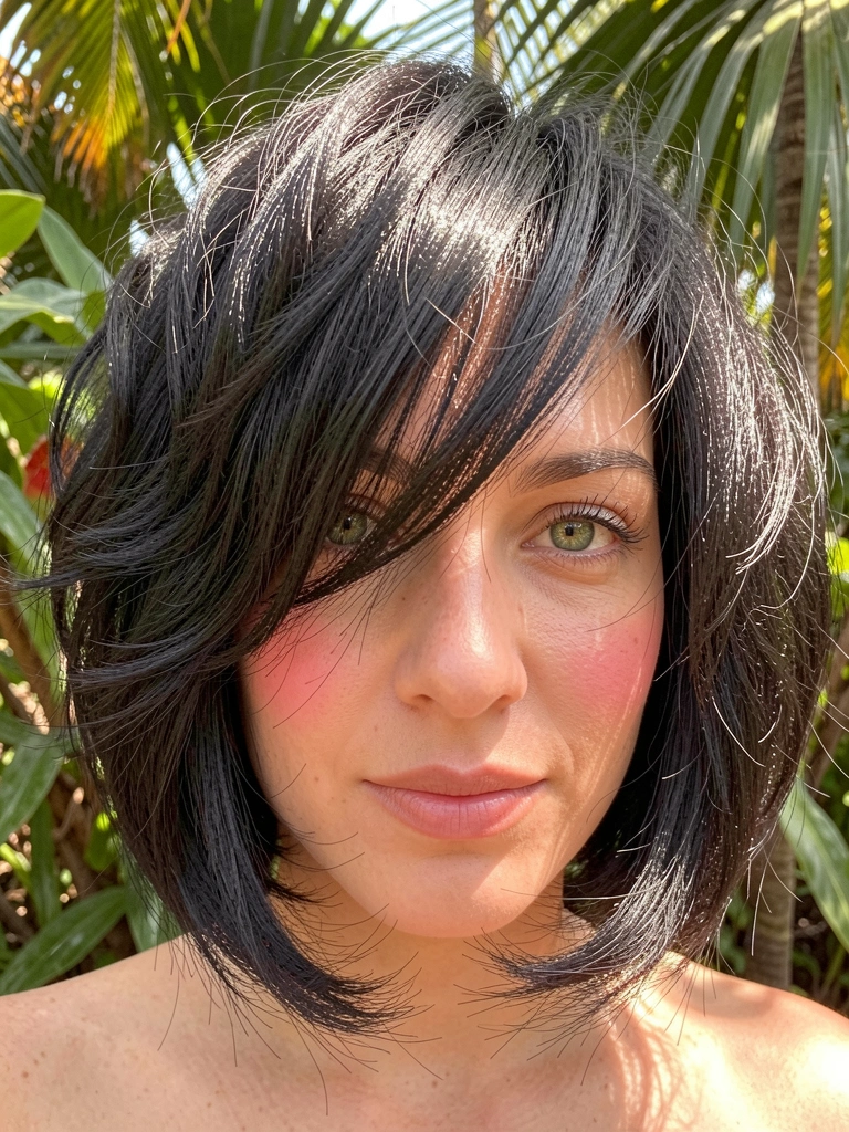 Mulher de cabelo escuro ondulado e franja lateral, olhos verdes e maquiagem natural, luz quente filtrada por folhagem ao fundo.