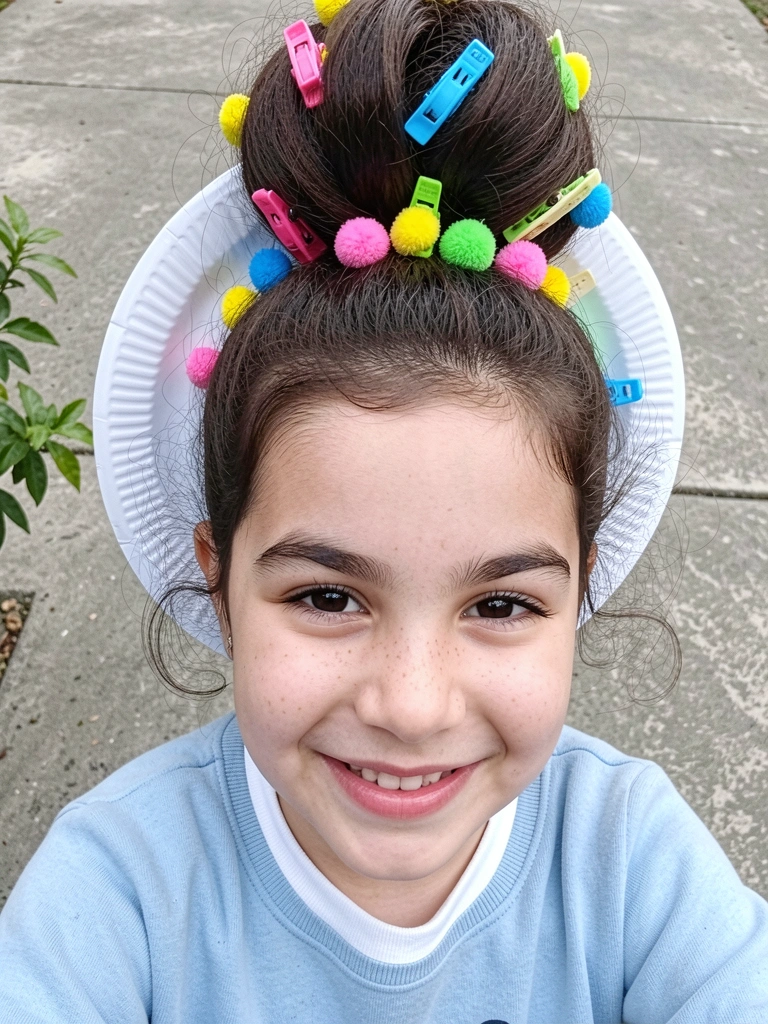 Criança com coque gigante decorado como brigadeiro, com pompons coloridos e prato descartável