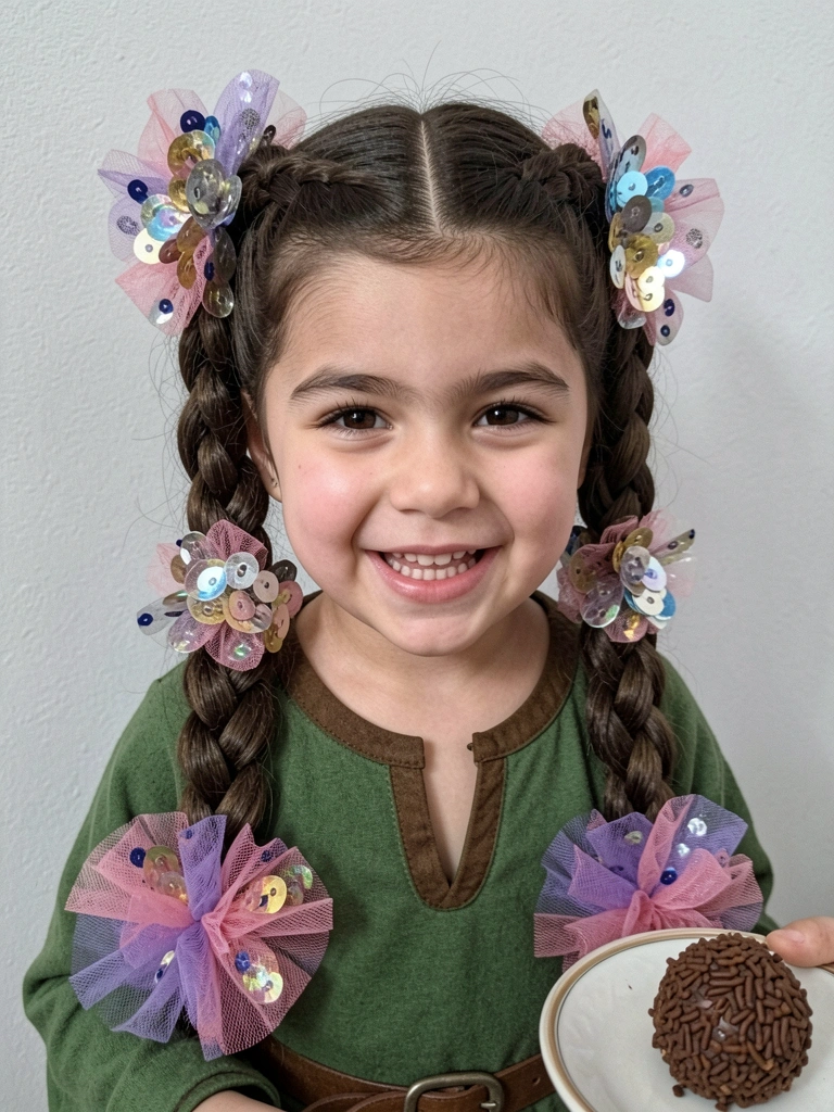 Brigadeiro de festa ao lado de penteado infantil criativo em formato de doce.