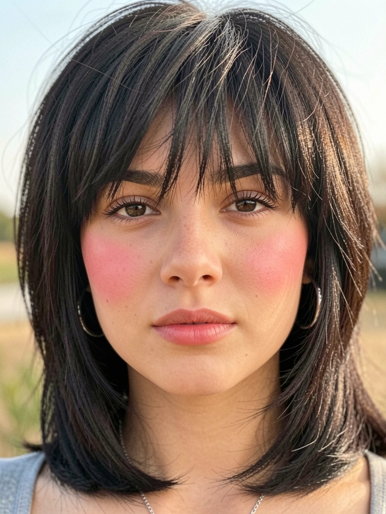 Jovem de cabelo mullet escuro com franja longa em camadas, brincos de argola de prata com corrente e blush sutil nas bochechas, luz natural suave ao ar livre.