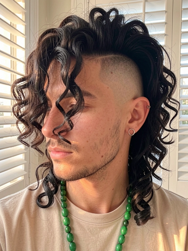 Jovem com mullet cacheado, laterais raspadas, barba rala e piercing na orelha, camiseta bege e colar de contas verdes, luz natural com venezianas ao fundo.