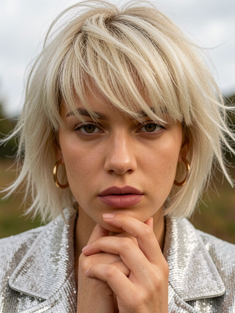 Jovem de cabelo platinado com franja desconectada, jaqueta prateada cintilante e brincos de argola dourados, toca o queixo com os dedos; luz natural difusa destaca a textura da pele e o batom rosa matte.