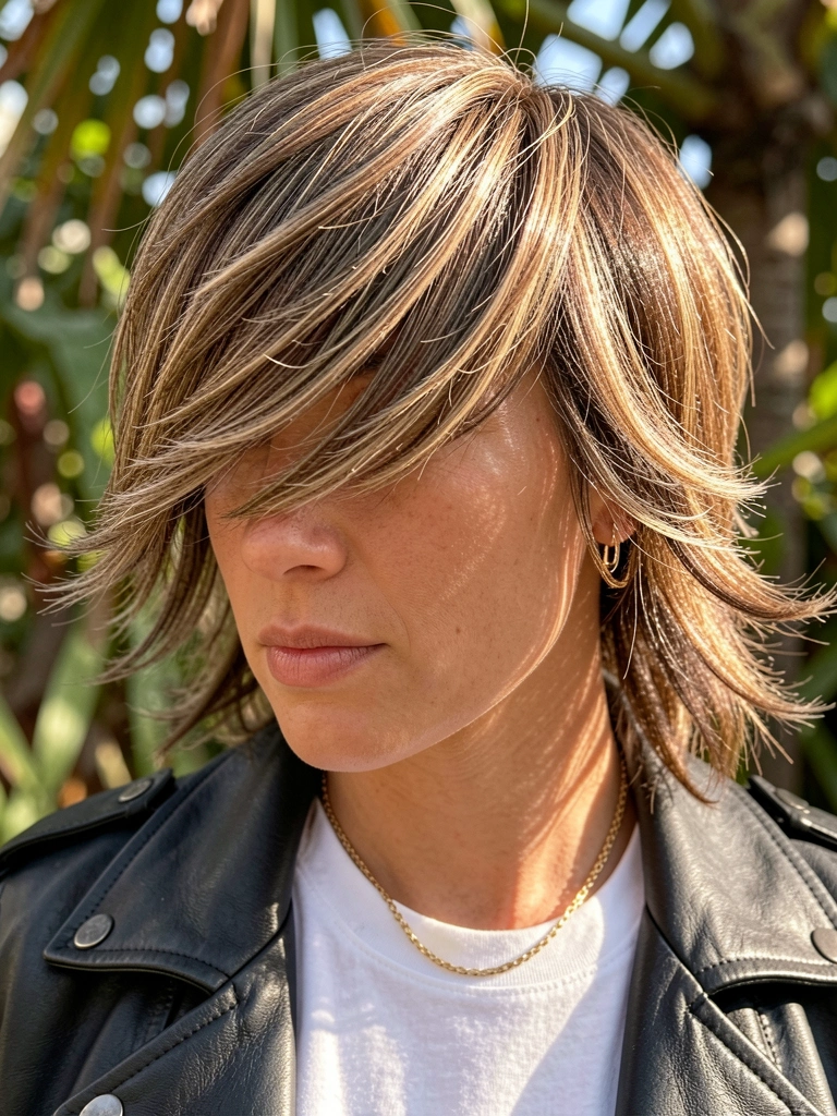 Mulher de cabelo mullet texturizado com mechas claras, jaqueta de couro preta e colar de ouro, luz natural filtrando por folhas ao fundo.