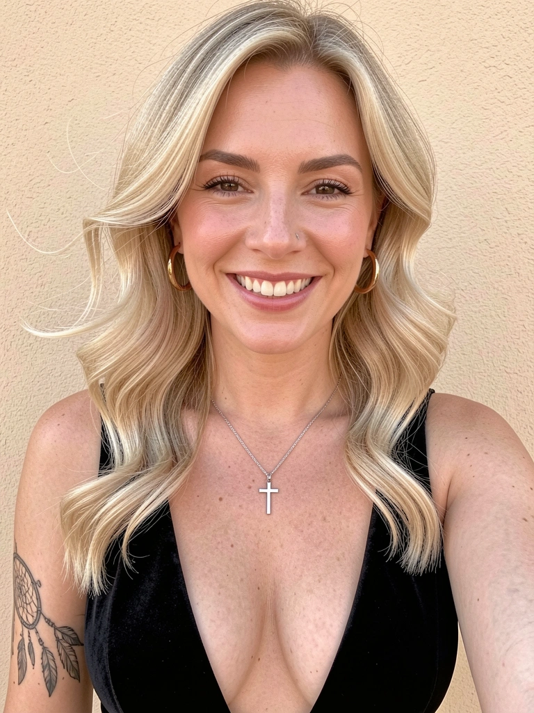 Retrato de mulher loira com vestido preto de veludo decotado, colar de prata com pingente de cruz e brincos de argola dourados, tatuagem de apanhador de sonhos no braço esquerdo, sorriso radiante, parede bege texturizada iluminada por luz natural.