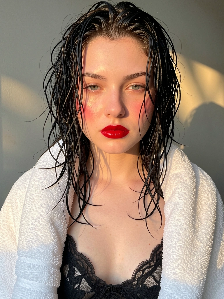 Jovem de cabelo molhado e preto, batom vermelho, sutiã de renda preta e toalha branca, luz difusa tropical contra parede cinza.