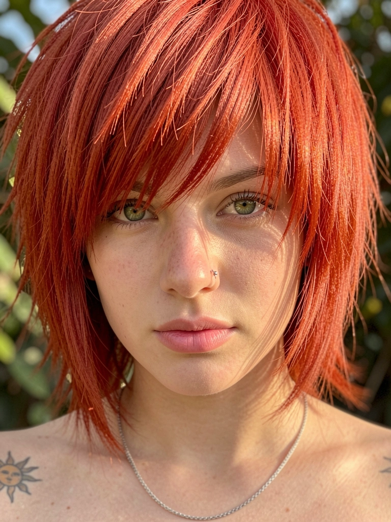 Jovem de cabelo ruivo picotado, franja longa, olhos verdes, piercing no nariz, colar prateado e tatuagem de sol no ombro, luz natural.