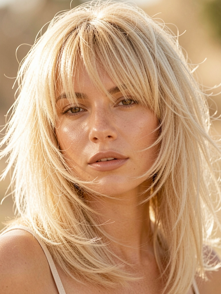 Mulher de cabelo loiro com corte mullet e franja, texturizado e bagunçado, pele com brilho suave e batom nude, iluminação difusa destacando o volume e movimento, fundo neutro desfocado com tom quente.