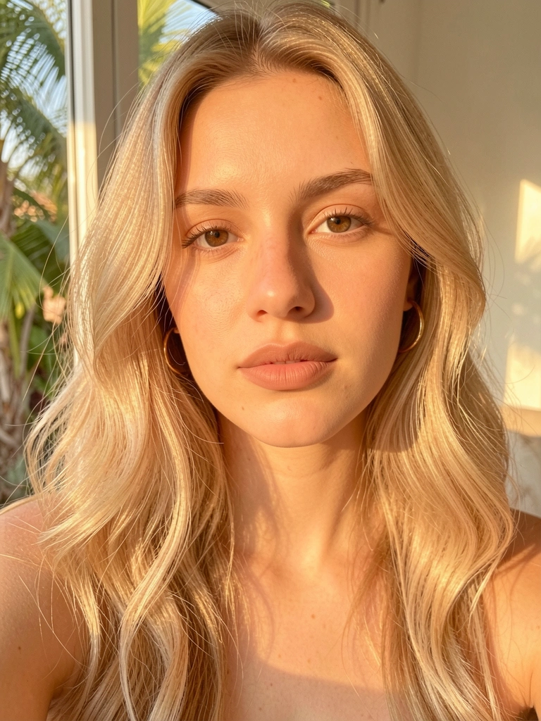 Jovem de cabelo loiro ondulado, brinco de argola dourado e maquiagem natural, iluminada por luz dourada suave, fundo desfocado com tons quentes.