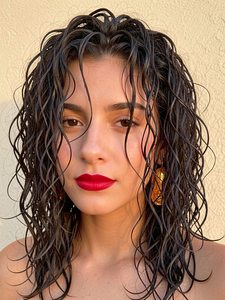 Jovem com cabelo cacheado molhado e cortado em mullet, batom vermelho e brinco dourado, parede bege texturizada e luz natural difusa.