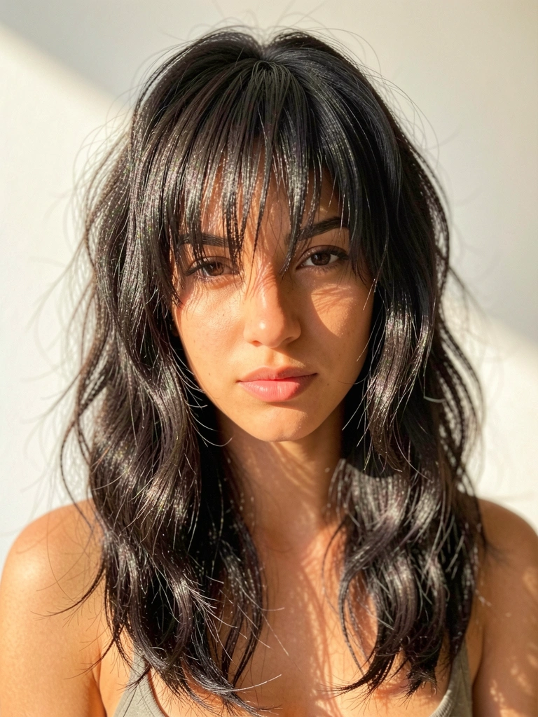 Jovem com cabelo mullet moderno, franja desfiada e ondas volumosas, luz natural, fundo branco desfocado.