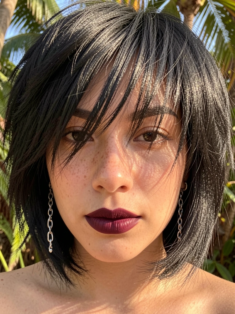 Jovem com cabelo preto repicado e batom vinho, brincos de prata, luz natural difusa com folhagem ao fundo.