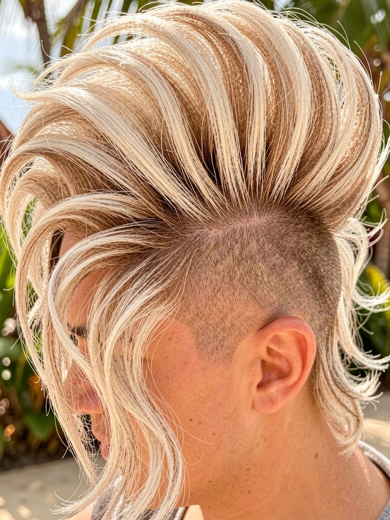 Close-up de mulher com cabelo mullet platinado e castanho claro, pompadour volumoso, undercut raspado e ondas texturizadas em luz natural.