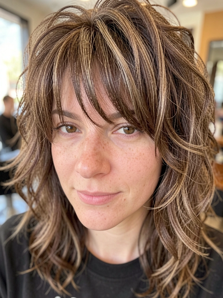 Close-up de mulher com cabelo castanho texturizado em camadas, ondas soltas e franja emoldurando o rosto, iluminação suave destacando os fios.