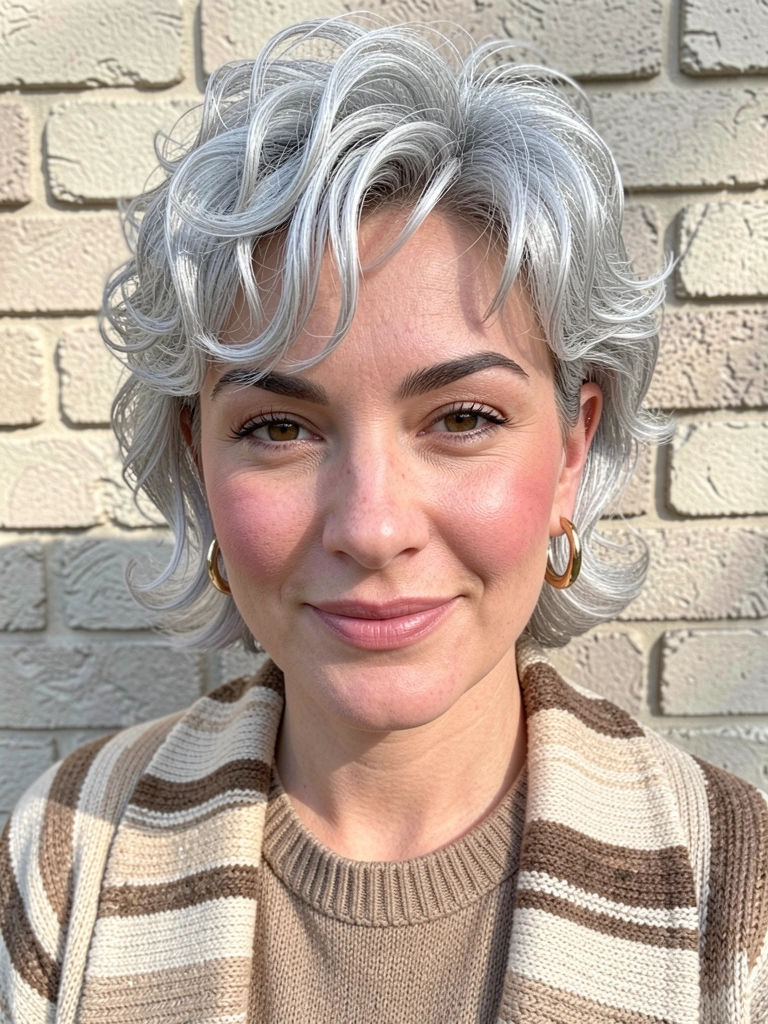 Mulher de cabelo prateado curto e texturizado, suéter listrado bege e marrom, brincos de argola dourados, parede de tijolos clara ao fundo.