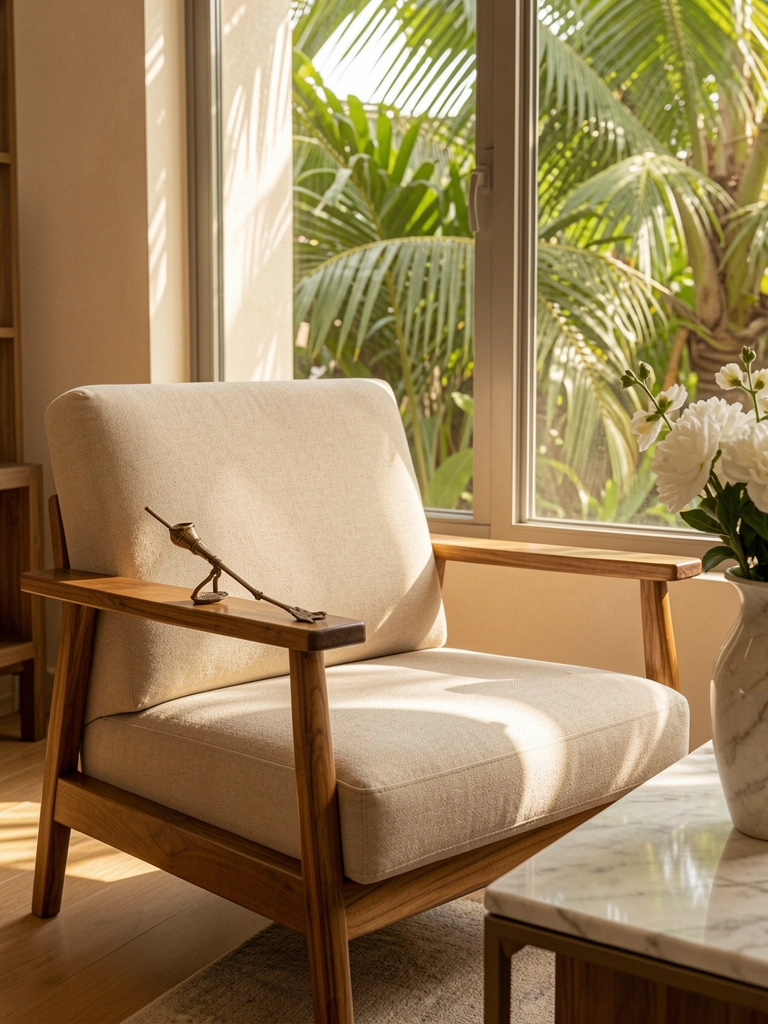 Poltrona bege estofada com braços de madeira, luz natural filtrada por folhagens tropicais na janela, palito de coquetel vintage sobre o braço.