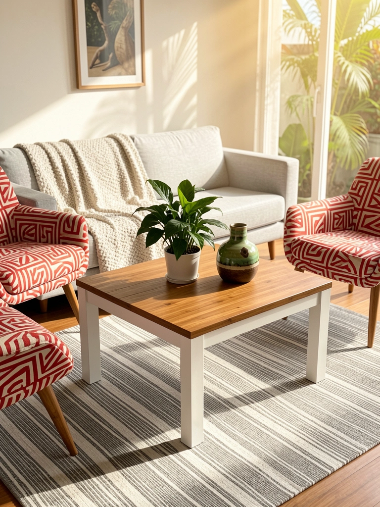 Mesa de centro quadrada branca com tampo de madeira, sofá cinza claro com manta texturizada e poltronas geométricas vermelhas e brancas sob luz natural.