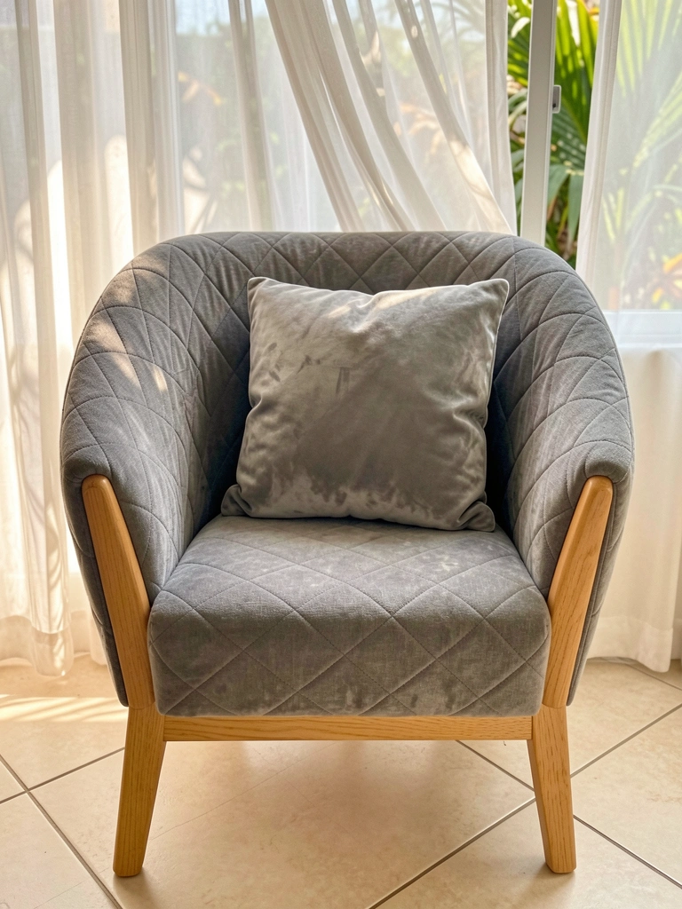 Poltrona cinza acolchoada com almofada de veludo e estrutura de madeira clara, luz natural filtrada por cortinas brancas.