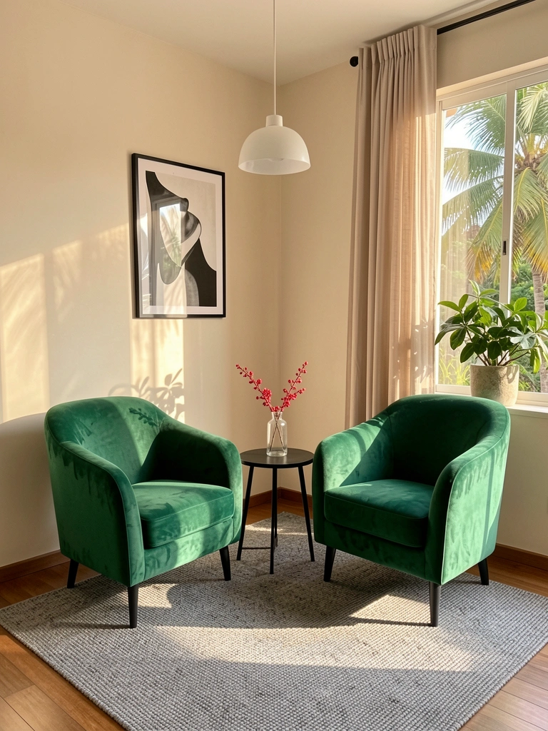 Poltronas verdes de veludo frente a frente com mesa redonda preta e vaso de vidro com frutas vermelhas, luz natural filtrada por cortinas de linho.