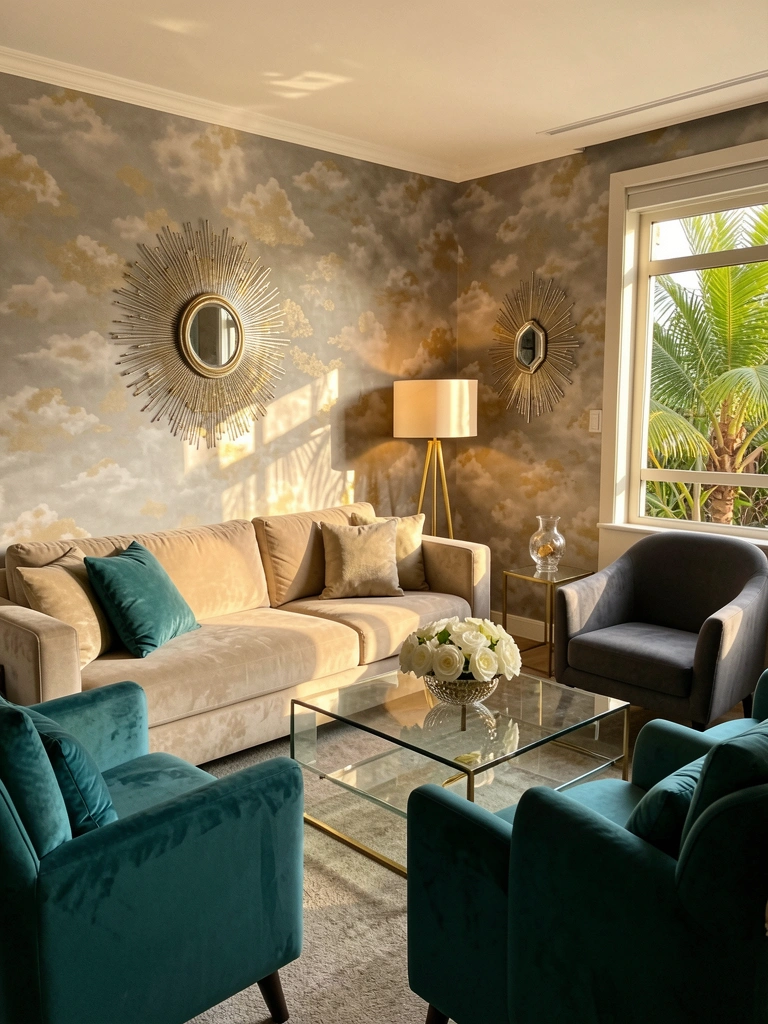 Sofá bege e poltronas azul-petróleo sob luz natural, com lustre de chão dourado e parede texturizada em nuvens cinza e dourado.