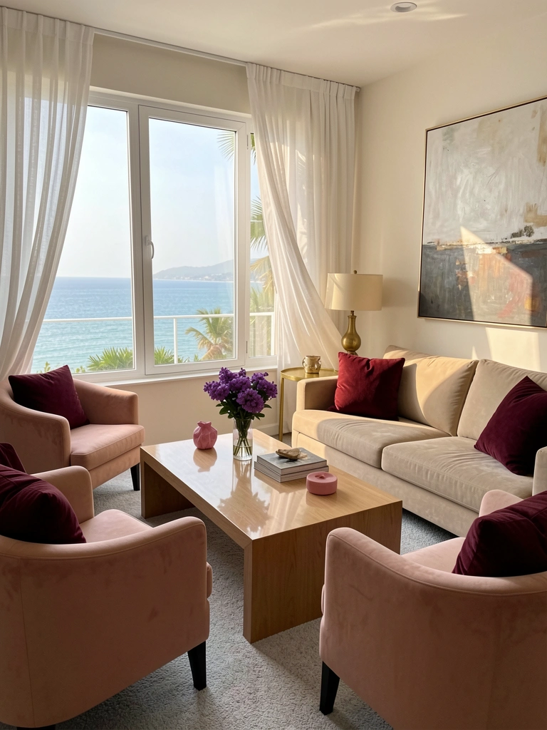 Cortinas brancas esvoaçantes com luz tropical filtrada sobre sofá bege e poltronas blush, vaso de flores roxas sobre mesa de centro de madeira clara.