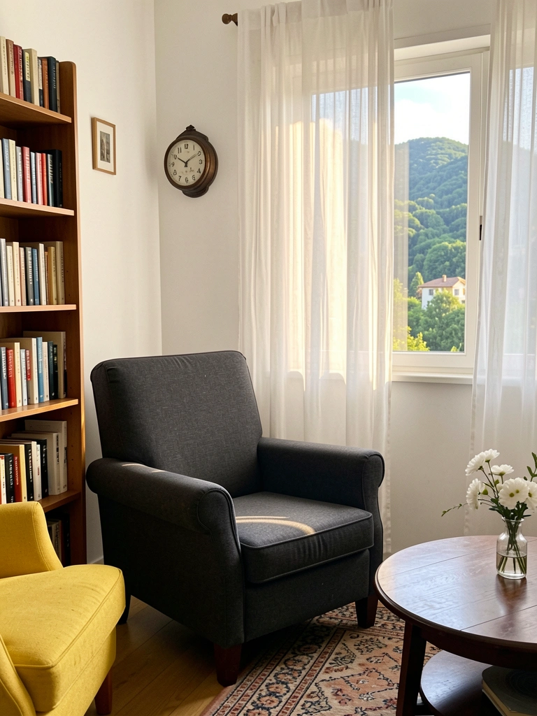 Poltrona de tecido cinza escuro com estante de livros ao fundo, cortinas brancas e luz natural entrando pela janela com vista para colinas verdes.